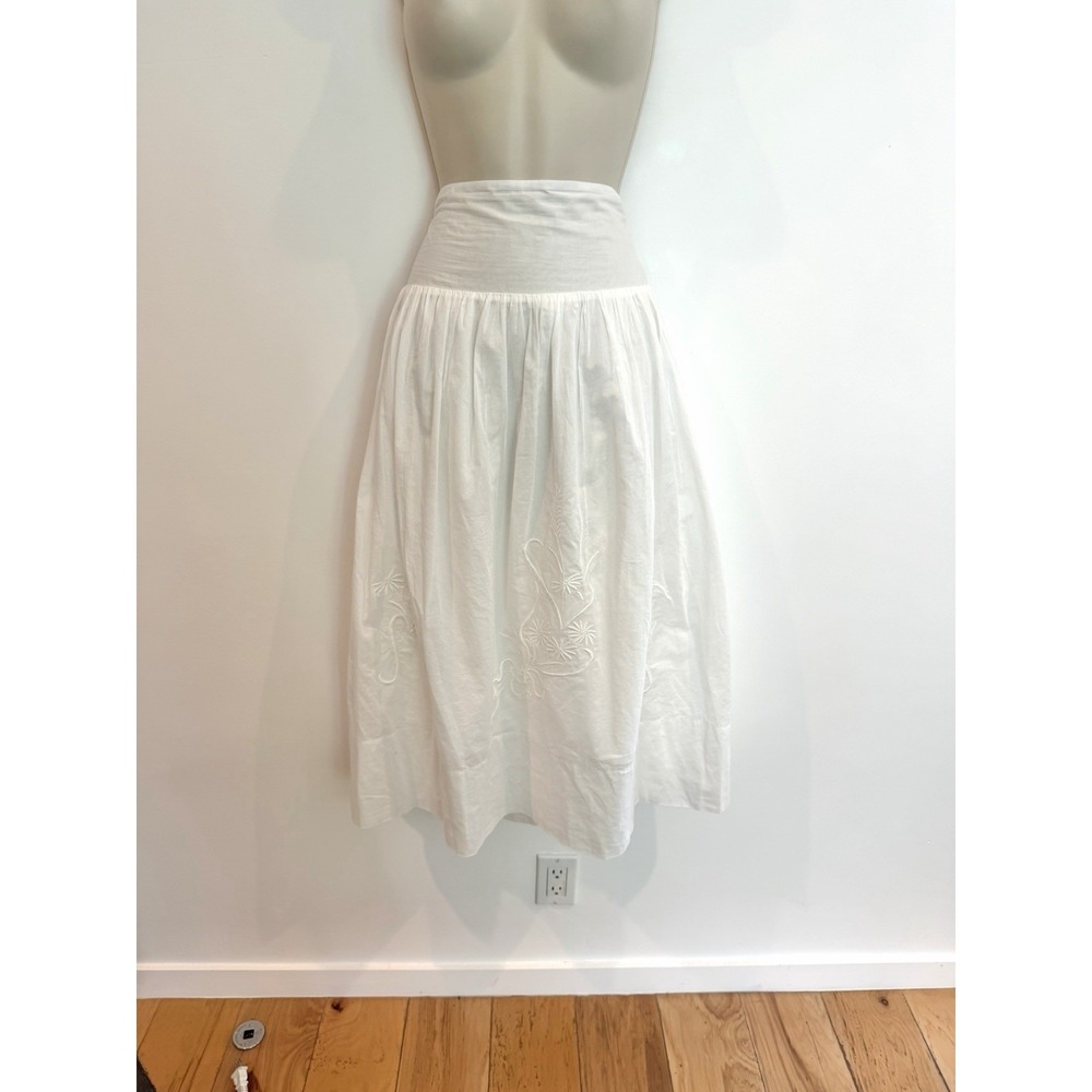 The Great White Midi Skirt Floral Embroidered Pull On 100% Cotton Sz 1 S Cottage